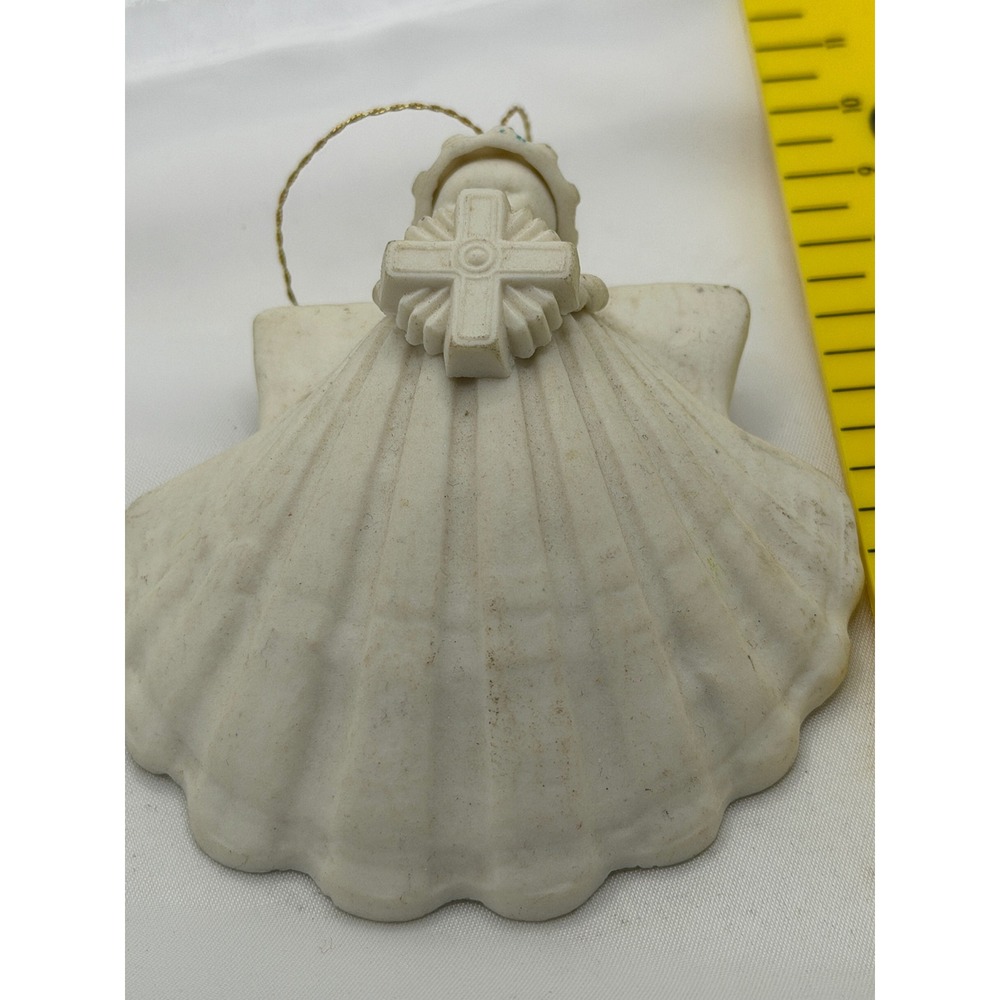 Vintage 1993 Ceramic Seashell Angel Ornament with Cross Religious Decor White